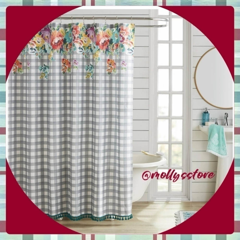🌸 New Pioneer Woman Sweet Romance Gingham Floral Cotton-Rich Shower Curtain